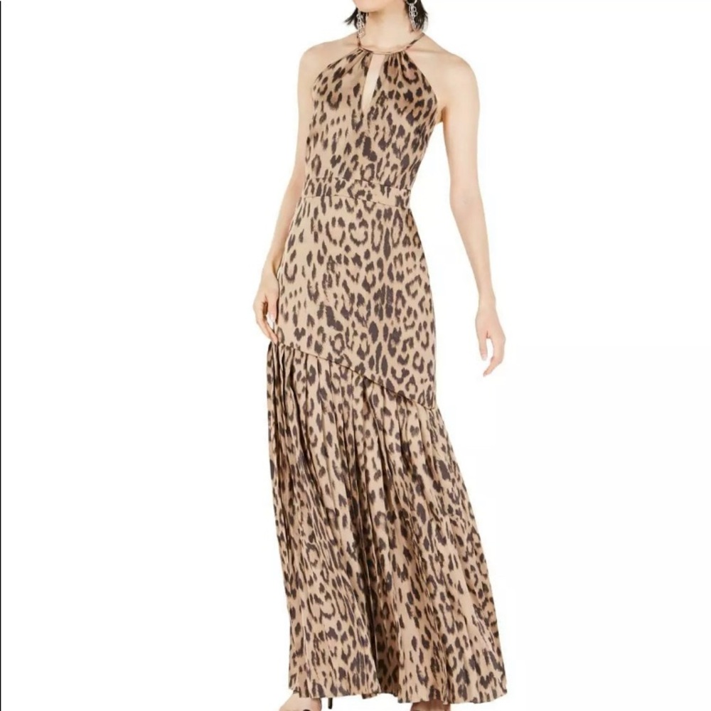 Bar III Leopard Print Pleated Halter Maxi Dress